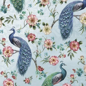 Peacock Fabric, 100% Cotton, Blue and Green Peacocks Fabric by the Yard, Choose your Cut
