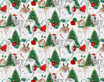 Tela Perros Navideños, 100% Algodón, Tela cortada a medida, Elige tu Corte