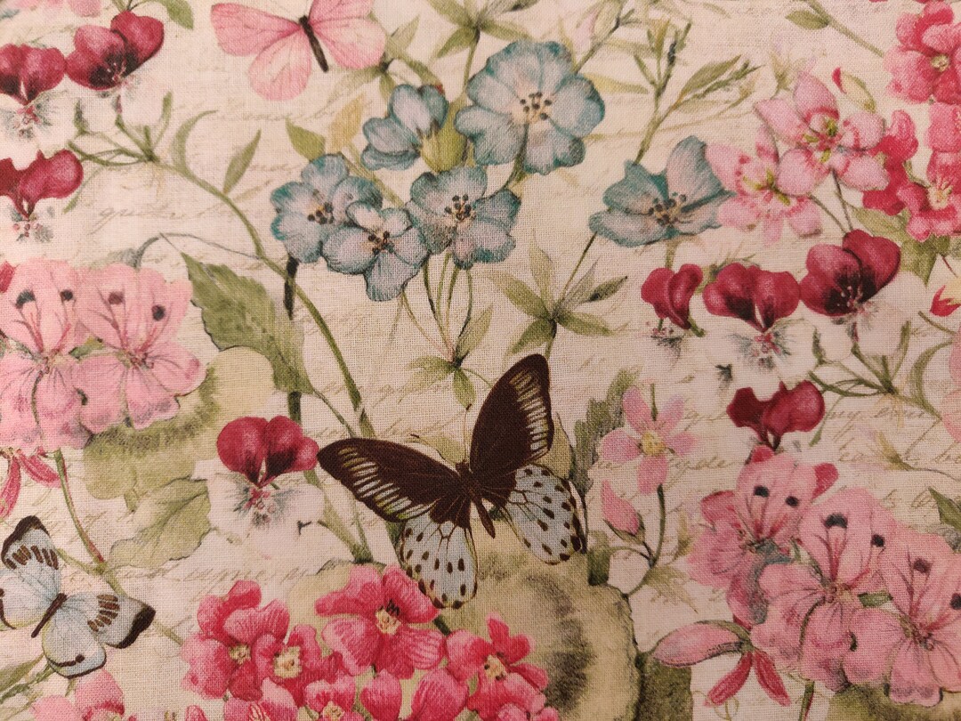 Butterflies and Flowers Fabric, 100 Cotton, Fabric by the Yard, Floral Fabric, Choose Your Cut