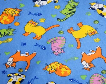 Cartoon Cat Flannel Fabric, 100% Cotton, Fabric by the Yard, Choose your Cut