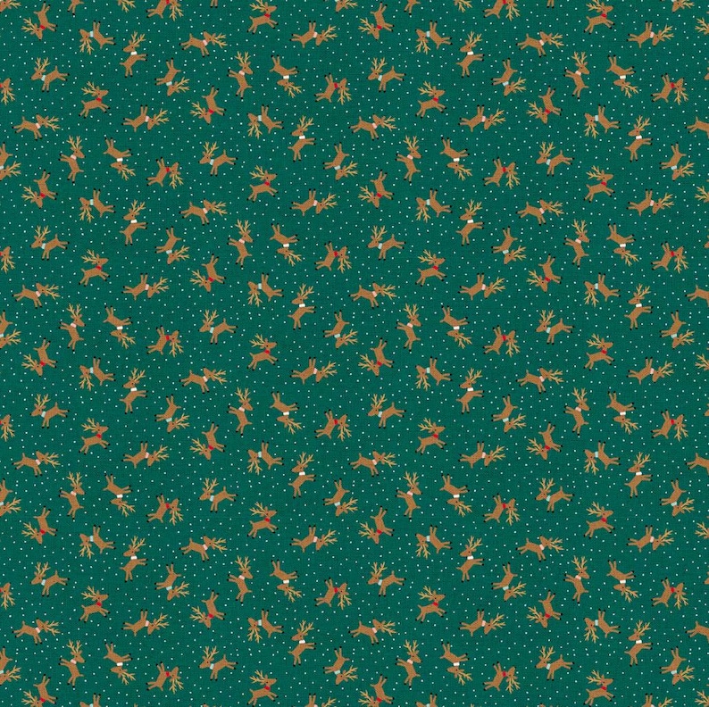 May include: A teal green background with a repeating pattern of brown reindeer with red noses and gold antlers. The reindeer are facing different directions and are scattered randomly across the background.