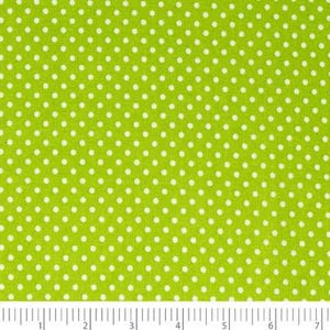May include: Green fabric with a white polka dot pattern. The fabric is a solid green color with small white dots evenly spaced throughout.