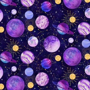 Planeten und Sternbilder Stoff, Space Fabric, 100% Baumwolle, Meterware, Meterware, Wählen Sie Ihren Schnitt