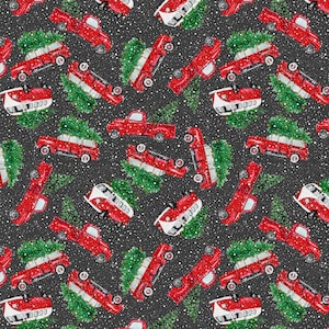 Christmas Red Truck Fabric, 100% Cotton, Christmas Fabric, Christmas Trucks Fabric, Fabric by the Yard