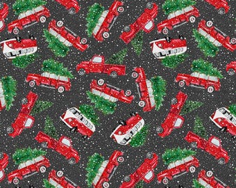 Roter Weihnachtstruck Stoff, 100% Baumwolle, Weihnachtsstoff, Weihnachtstrucks Stoff, Meterware