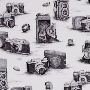 Camera Fabric, Black & White Sketched Cameras Fabric, 100% Cotton, Fabric by the Yard, Choose your Cut, quilting