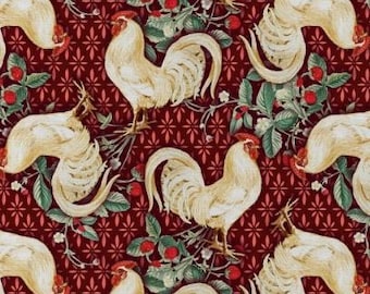 Rooster Floral Fabric, 100% Cotton fabric, Fabric by the Yard