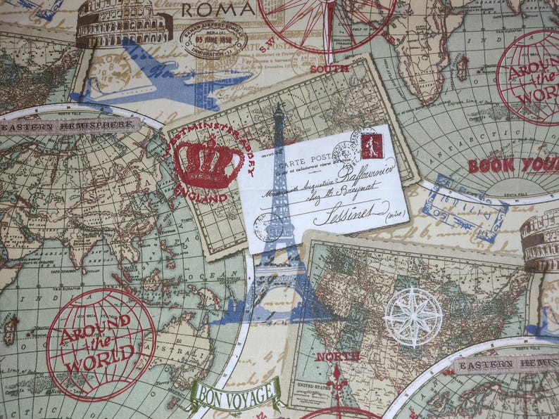 May include: A beige fabric with a vintage travel theme. The design includes world maps, postcards, compass roses, and stamps. The Eiffel Tower and the Colosseum are also featured. Text includes "ROMA", "AROUND THE WORLD", and "BON VOYAGE".