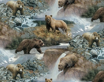 May include: A seamless pattern featuring brown bears in a woodland setting. The bears are depicted in various poses, including standing, walking, and sitting. The background features a waterfall, rocks, and foliage.