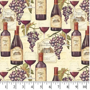 Wine and Grapes Fabric, 100% Cotton, Vineyard Fabric, Fabric by the Yard, Choose your Cut