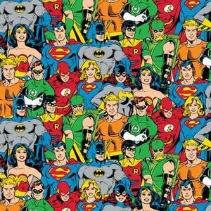 May include: A vibrant, colorful pattern featuring a collage of DC Comics superheroes. The image showcases characters like Batman, Superman, Wonder Woman, and others in their iconic costumes. The artwork has a comic book style with bold colors and dynamic poses.