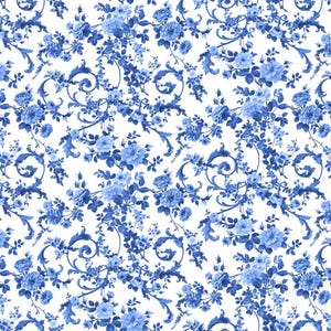 Porcelain Rose Scroll Fabric, 100% Cotton, Fabric by the Yard, Choose your Cut
