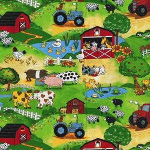 Tela de granja de dibujos animados, tela 100% algodón, tela cortada a medida