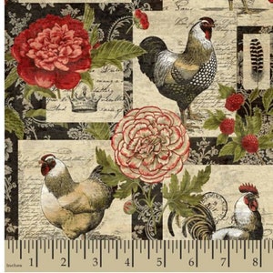 May include: A beige and black fabric with a repeating pattern of roosters, flowers, and handwritten text. The fabric features a rooster with a silver and black patterned body, a red comb, and a black tail. The fabric also features a red and white flower with a green stem and leaves. The fabric has a vintage aesthetic.