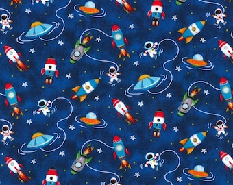 Rocket Ship Fabric, 100% Cotton, Spaceship Fabric, Fabric by the Yard, Choose your Cut