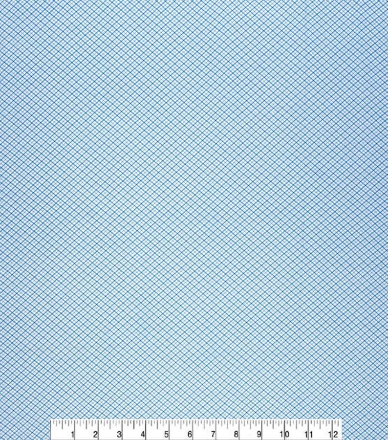 May include: A light blue fabric with a white and blue diamond pattern.