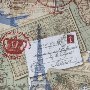 May include: A fabric with a vintage travel theme. The design features old maps, postcards, stamps, and the Eiffel Tower. The color palette includes beige, brown, blue, and red, creating a nostalgic feel. The text includes the words "England" and "Carte Postale".