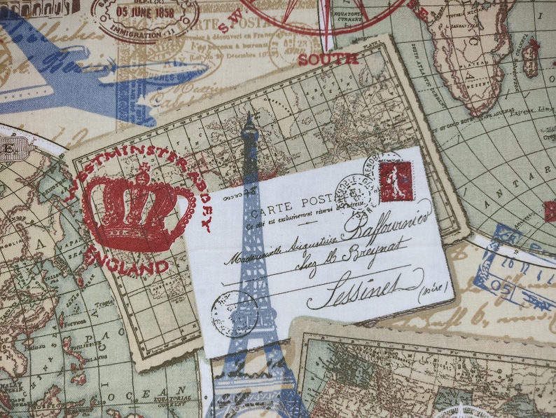 May include: A fabric with a vintage travel theme. The design features old maps, postcards, stamps, and the Eiffel Tower. The color palette includes beige, brown, blue, and red, creating a nostalgic feel. The text includes the words "England" and "Carte Postale".
