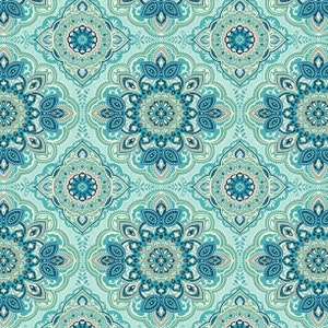 Teal Medallion Indoor/Outdoor Fabric, 100% Polyester, Fabric by the Yard, Choose your Cut