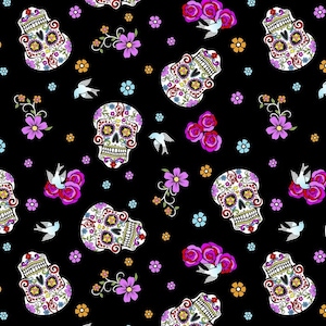 Sugar Skulls with Glitter Fabric, 100% Cotton, Halloween Fabric, Skeleton Fabric, Day of the Dead fabric, Fabric by the Yard