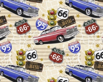 Classic Cars Fabric, Route 66 Fabric, 100% Cotton, Fabric by the Yard, Choose your Cut