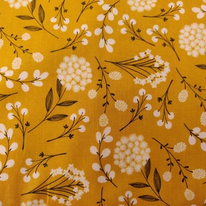 White Flowers on Yellow Fabric, 100% Cotton, Fabric by the Yard, Floral Fabric, Choose your Cut, quilting