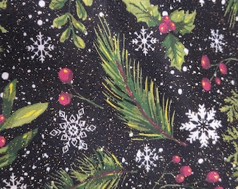Christmas Holly Fabric with Glitter, 100% Cotton, Christmas Fabric, Fabric by the Yard