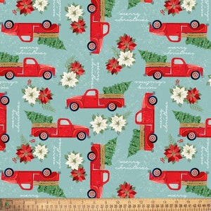 Fat Quarter, Christmas Red Truck and Christmas Tree Fabric, 100% Cotton