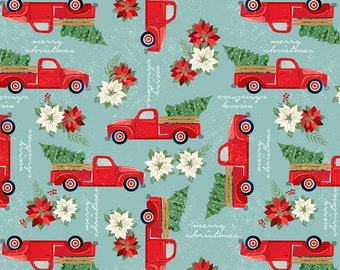 Fat Quarter, weihnachtlicher roter LKW und Weihnachtsbaum-Stoff, 100% Baumwolle