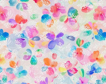 Watercolor Flowers and Leaves Fabric, 100% Cotton, Fabric by the Yard, Choose your Cut