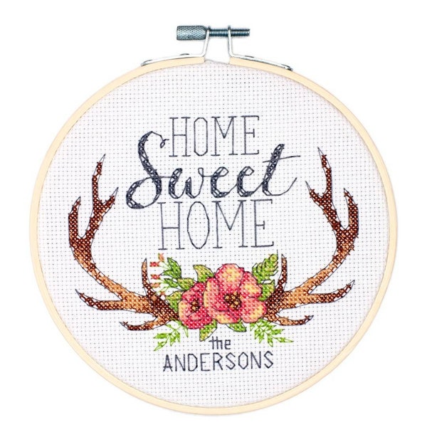 Kit - Counted Cross Stitch Kit, Home Sweet Home, Personalized, Antlers