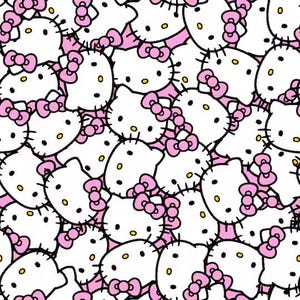 Pode incluir: Padrão repetitivo com o rosto de um gato branco com contornos pretos, olhos amarelos e um laço rosa. O fundo é rosa claro. O rosto do gato repete-se várias vezes, criando um design divertido e fofo.