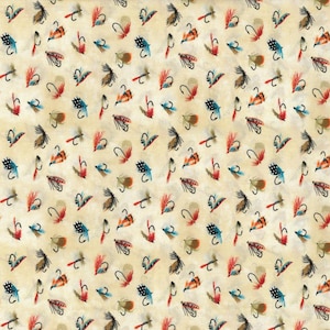 May include: A repeating pattern of colorful fishing flies on a cream-colored background. The flies feature red, blue, brown, and orange feathers and are interspersed with curved hooks. The design is suitable for fabric or paper.