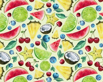 Tropical Ingredients Fabric, Fruit Fabric, 100% Cotton, Fabric by the Yard, Choose your Cut