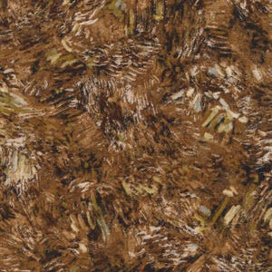 May include: Close-up of a fabric with a textured, abstract design. The pattern features a blend of brown, tan, and olive green brushstrokes, creating a visual effect reminiscent of a painting. The fabric's surface appears to have a slightly rough texture.