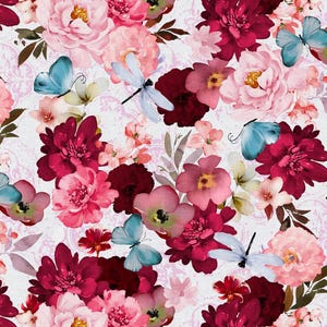 Flowers with Dragonflies Fabric, Floral Butterfly Fabric, 100% Cotton, Fabric by the Yard, Choose your Cut, quilting
