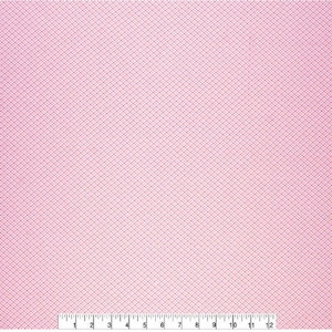 May include: Pink fabric with a fine, white grid pattern. The fabric has a subtle sheen and a soft, delicate texture.