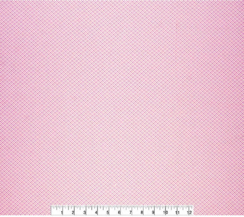 May include: Pink fabric with a fine, white grid pattern. The fabric has a subtle sheen and a soft, delicate texture.
