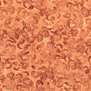May include: Abstract artwork featuring a repeating pattern of swirling brushstrokes in shades of brown and rust against a peach-colored background. The textured surface suggests an oil painting or similar medium, creating a warm and earthy aesthetic.