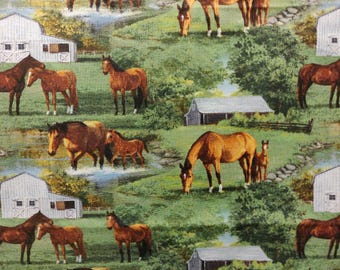 Horses Fabric, Farm Fabric 100% Cotton, Fabric by the Yard, Choose your Cut
