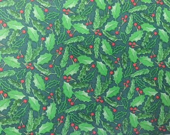 Christmas Holly Fabric, 100% Cotton, Christmas Fabric, Fabric by the Yard