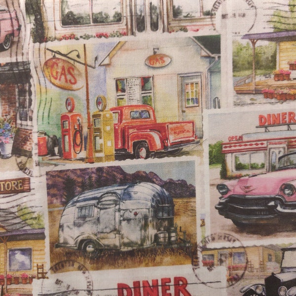 Classic Cars Fabric, Retro Diner Fabric, 100% Cotton, Fabric by the Yard, Choose your Cut