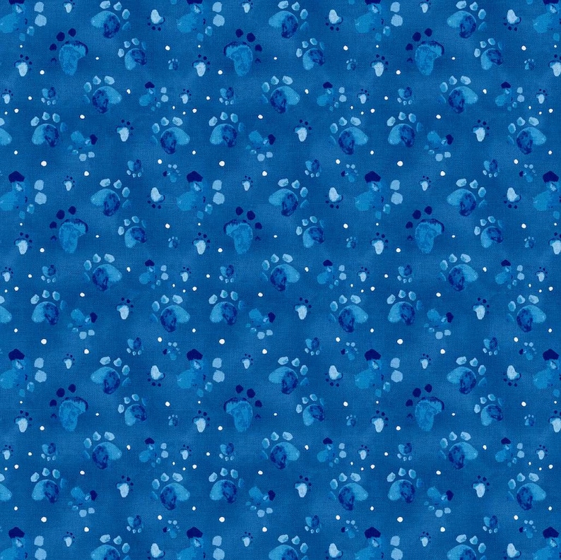 K&ouml;nnte beinhalten: Ein nahtloses Muster mit blauen Pfotenabdr&uuml;cken auf einem dunkelblauen Hintergrund. Die Pfotenabdr&uuml;cke sind zuf&auml;llig verteilt und haben unterschiedliche Gr&ouml;&szlig;en. Es gibt auch kleine wei&szlig;e Punkte, die &uuml;ber das gesamte Muster verteilt sind.