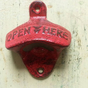 Bottle Opener - Wall Mounted - Open Here - Red Cast Iron Beer Bottle Opener