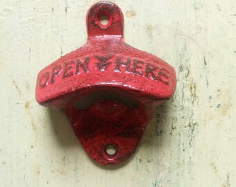 Bottle Opener - Wall Mounted - Open Here - Red Cast Iron Beer Bottle Opener