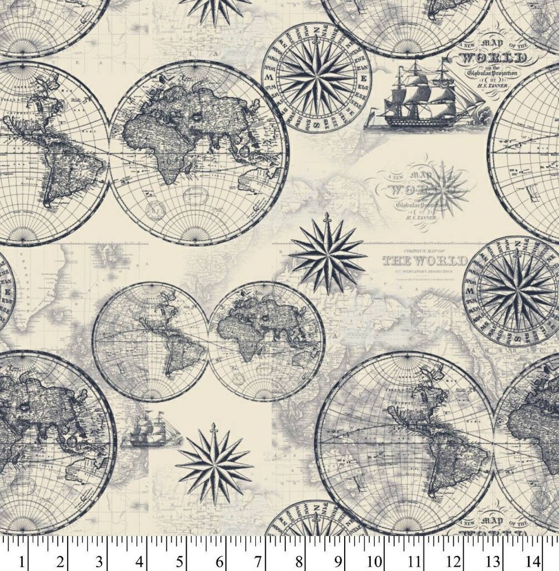 Nautical Maps Fabric 100 Cotton fabric Fabric by the Yard Etsy