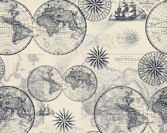 Nautical Maps Fabric, 100% Cotton fabric, Fabric by the Yard