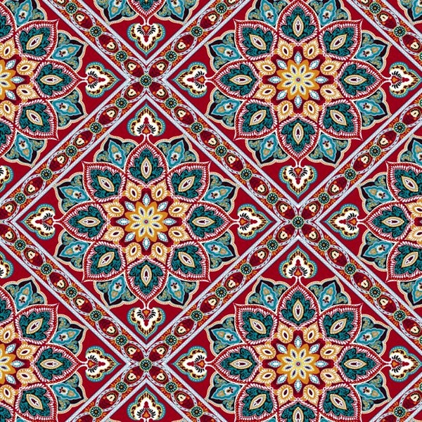 Red Medallion Indoor/Outdoor Fabric, 100% Polyester, Fabric by the Yard, Choose your Cut