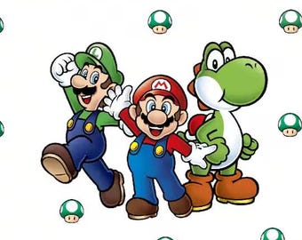 May include: A repeating pattern featuring the characters Mario, Luigi, and Yoshi from the Super Mario video game series. The characters are depicted in their signature outfits, with Mario in red, Luigi in green, and Yoshi in green. Green mushroom graphics are also scattered across the white background.