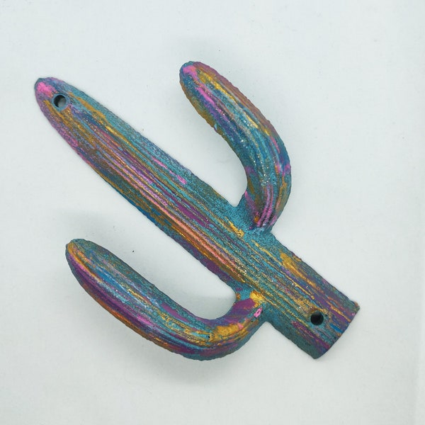 Cactus Wall Hook - Rainbow Painted Cast Iron Cactus Wall Hook